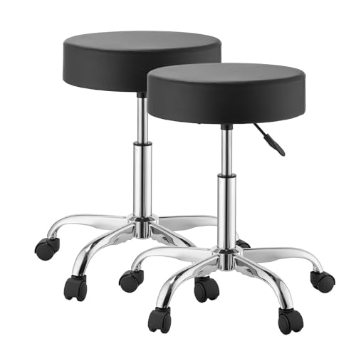 Image of VEVOR Rolling Stools with Wheels, Set of 2, 500 lbs Weight Capacity, Height Adjustable, Thick Cushion Ergonomic PU Leather Seat, 360 Swivel Round Rolling Stool Chair for Salon, Spa, Clinic, Black