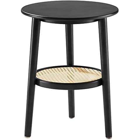 Apicizon 2 Tier Round End Table, Black Rattan Nightstand Bedside Table with Storage, Boho Side Table for Living Room, Bedroom, Small Spaces, Easy Assembly, 15 x 19.3 Inches Cover