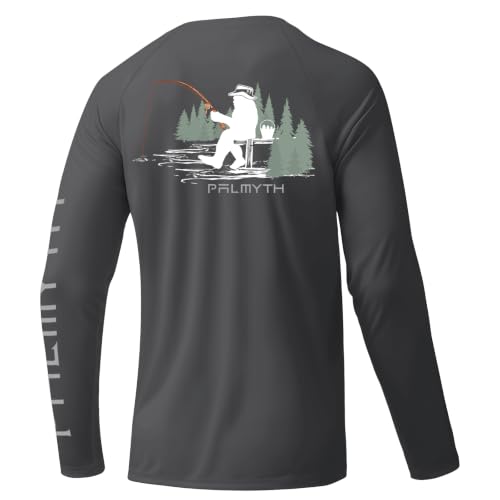 Palmyth Fishing Shirts for Men Long Sleeve UPF 50+ UV Sun Protection T-Shirt Tee Lightweight Quick Dry Stretchy Charcoal Bigfoot Hat M