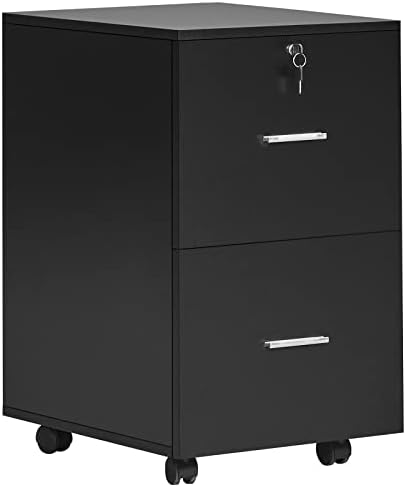 GreenForest File Cabinet 2 Drawers Wooden Vertical Filing Cabinet with Lock Rolling Mobile Office Pedestal File Cabinet for Hanging File Folders Home Office Storage Cabinet, Black