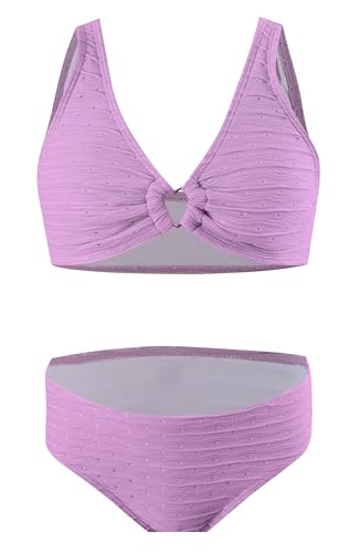 Image of SEAUR Girl's Cute Two Piece Bikini Set High V Neck Ribbed O-Ring String Swimsuits Textured Bathing Suit