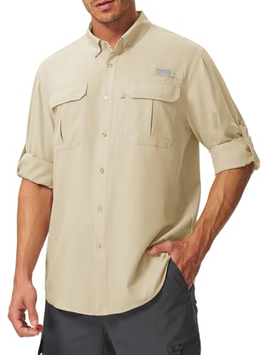 TBMPOY Men's Long Sleeve Sun Protection Shirt UPF 50+ UV Quick Dry Cooling Fishing Shirts for Travel Safari Hiking Khaki M
