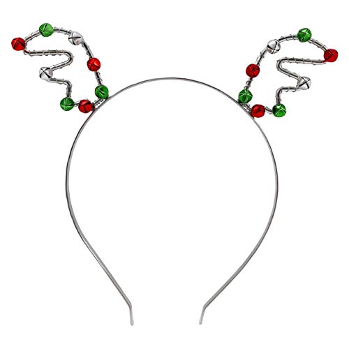 Festive Christmas Small Red and Green Jingle Bell Reindeer Antlers Smooth Silver Metal Headband