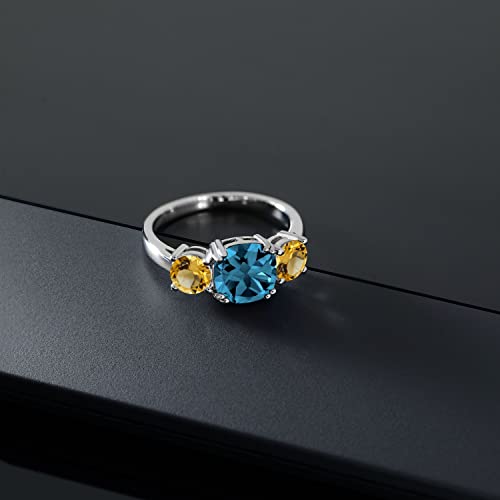 Gem Stone King 925 Sterling Silver London Blue Topaz and Yellow Citrine 3 Stone Engagement Ring For Women (4.10 Cttw, Gemstone November Birthstone, Cushion 8MM, Available in Size 5,6,7,8,9)3