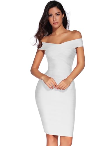 meilun Womens Rayon Off Shoulder Bandage Bodycon Party Dress(White S)