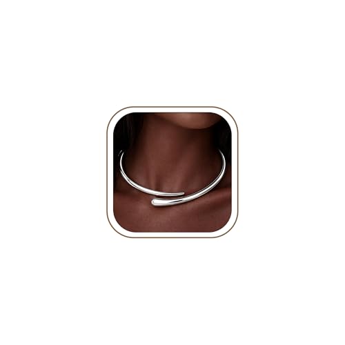 GoldGifts Statement Chunky Silver Collar Necklace Teardrop Cuff Choker with Open Hinge Clasp Modern Torque Design Adjustable Wrap Style Elegant Jewelry Gifts for Women