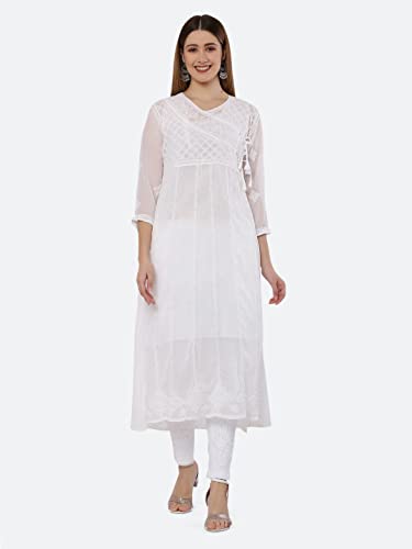Image of FAWOMENT Ethnic Designer Angarkha A-Line Georgette Kurta with Exclusive Hand Embroidered Lucknowi Chikankari for Women