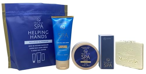 Bath &amp; Body Works Spa Helping Hands True Blue Spa Gift - Super Rich Hand Cream, 60 Second Manicure Hand Scrub and 4-sided nail buffer - Travel Size - with a Natural Oats Sample Soap