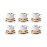 Kaffeetassen Espressotassen Cappuccinotassen mit untersetzer Holz Optik Porzellan 6 Tassen + 6 Untersetzer Weisse Kaffeetassen Set (Espressotassen 100 ml, Model 3)