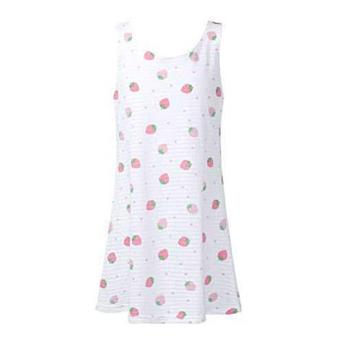 Aislor Camicia da Notte in Cotone Bambine Pigiama da Notte Estiva Senza Maniche con Stampa Fragola Bambine Camicie da Notte Ragazza Indumento da Notte Elegante Sleepwear Bianco 10-12 Anni