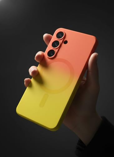 Image of amazon basics Gradient Mag-Safe Case for Samsung Galaxy A56 5G | Soft Silicone Shockproof Cover with Camera Protection | Slim Lightweight Design | Smooth Touch & Durable - Orange & Yellow