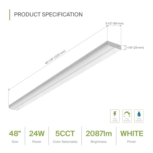 Image of ASD LED Under Cabinet Lighting Hardwired, 48 Inch 24W 2700K-5000K Selectable, 2087LM, CRI90+, Direct Wire Linkable Under Counter Lights for Kitchen, Dimmable Under Cabinet Lights, White, UL Certified