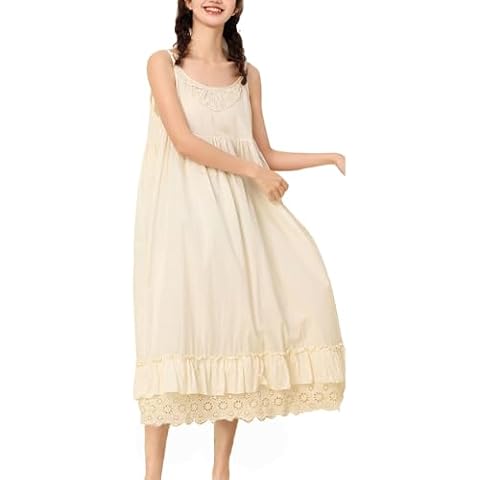 Loose Cotton Sleep Dress Full Slip Victorian Style Night Gown V10 Beige S-M Cover