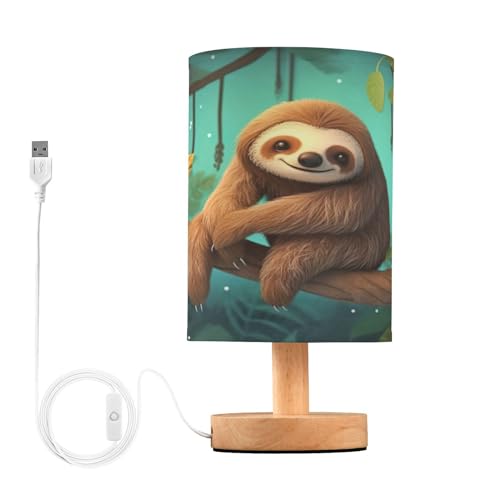 SDMKA Cartoon Sloth Green Bedside Table Lamp for Bedroom, Minimalist Nightstand Lamp with Round Fabric Shade for Living Room, Office, No Bulb Required
