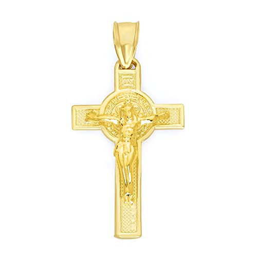 Solid 10k/14k Gold Crucifix Necklace - Doublesided Cross with Saint Benedict Pendant, Religious Jewelry Gifts