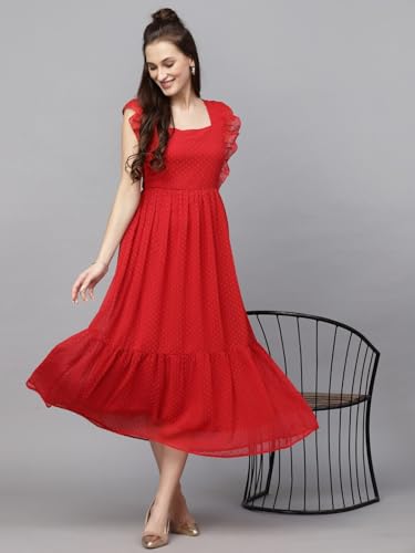 Image of Sugathari Georgette Jacquard Butti Square Neck Knee Length Western Dresses for Women (Dress2 89)