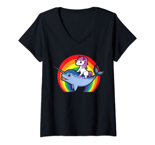 Womens Unicorn Narwhal Unicorn Riding Narwhal V-Neck T-Shirt