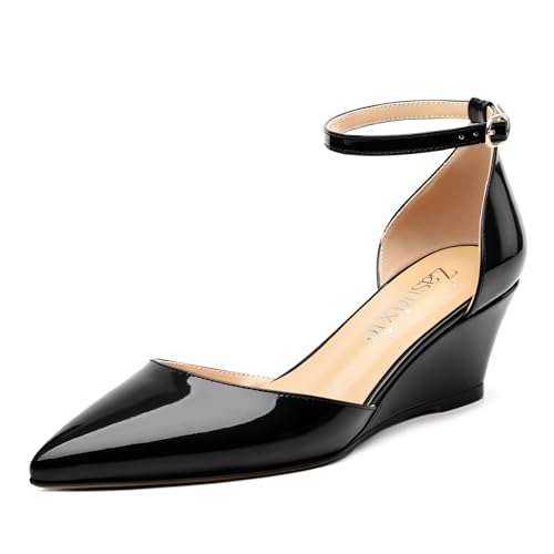 Wedges for Women, Closed Pointed Toe Patent Buckled Ankle Strap Wedge Low Heel Pumps Classic Office Dress Shoes 2 Inches - Main Image