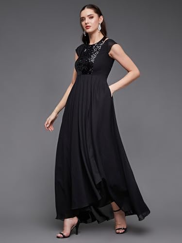 Image of Miss Chase Women's Round Neck Sleeve Embellished Fit Flare Maxi Dress