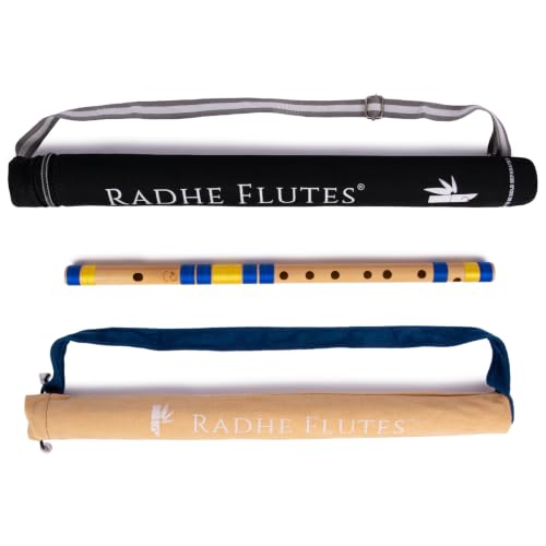 Image of Radhe Flutes Bamboo Bansuri C Sharp Right Handed Middle Octave (18 inch) With Hard Cover (Beige Flute With Blue & Yellow Threads)