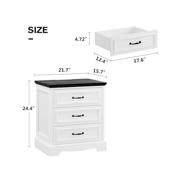 Whalefall farmhouse 3 drawers dresser with charging station white nightstand bedside for bedroom wood small end table for living room dresser chest of drawers for hallway closet dorm 1  urban country home decor