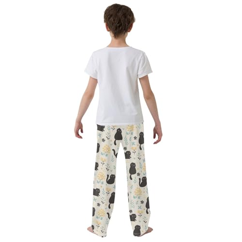 Boys' Pants Cute Black Cats and Flowers Long Bottoms Jogger Pants Elastic Waist Trousers with Pockets S-XL3