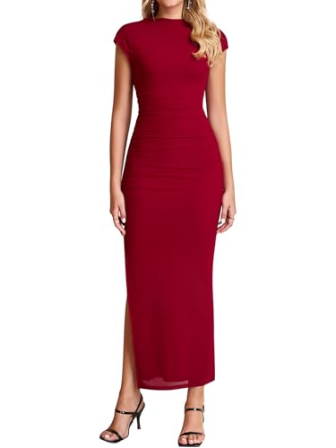 Image of HTZMO Floral Wedding Guest Ruched Bodycon Maxi Dress for Women | Cap Sleeve Slit Long Dresses, Fall Formal Cocktail Party Elegant Modest Bride Shower, Stretchy Mesh Fabric, Winter 2026