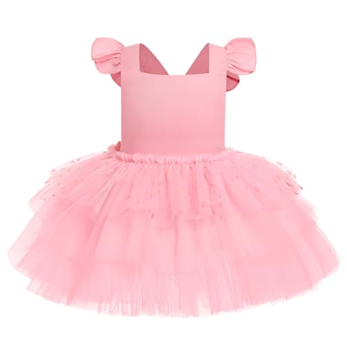 ODASDO Baby Girl First Birthday Cake Smash Outfit Flutter Sleeve Princess Tutu Tulle Romper Dress with Tiara Headband2
