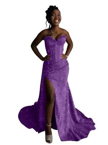 Mmufk Strapless Prom Dresses 2026 Mermaid Corset Sparkly Sequins Pleated High Slit Elegant Cocktail Party Dress Purple Size 6