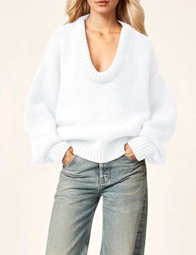 Image of MISSACTIVER Women's Low Cut U Neck Oversized Sweater Casual Solid Long Sleeve Drop Shoulder 2024 Winter Pullover Jumper Tops Beige