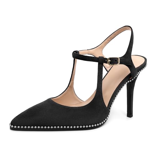 Image of SAMMITOP Womens High Heels Ankle Strap Pointed Toe Stilettos Patent Leather Beaded Pumps Dress Shoes 3.5 Inch