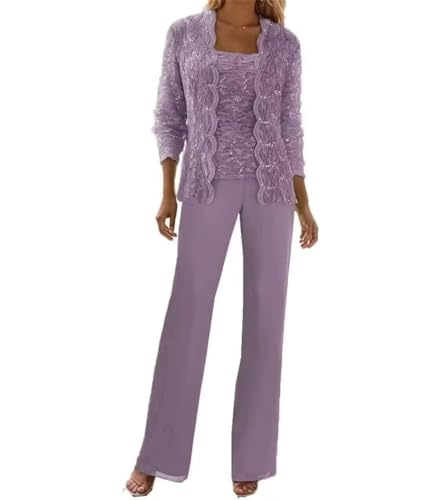 Image of 3 Pieces Chiffon Lace Mother of The Bride Pant Suits with Jackets Sequins Wedding Guest Dresses for Women