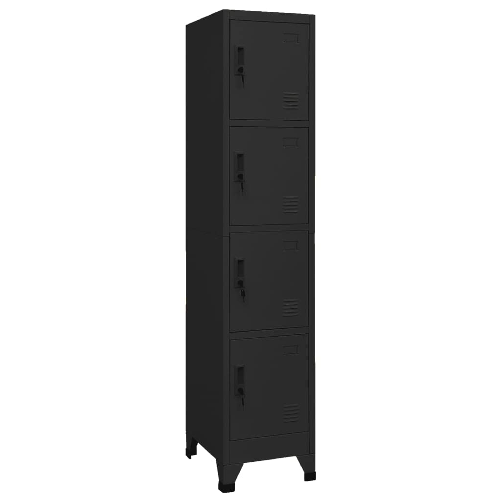 Armadietto nero in acciaio, 38 x 45 x 180 cm, con 4 ante chiudibili, fessure di ventilazione, porta targhetta per ufficio, scuola, spazio e ordine nel corridoio