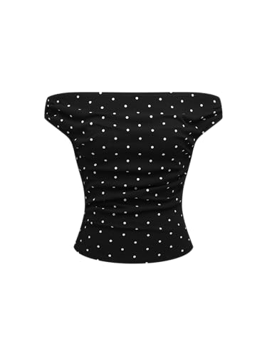 CIDER Tank Tops for Women Off The Shoulder Polka Dot Ruched Knit Top Cute Short Sleeve Going Out Tops
