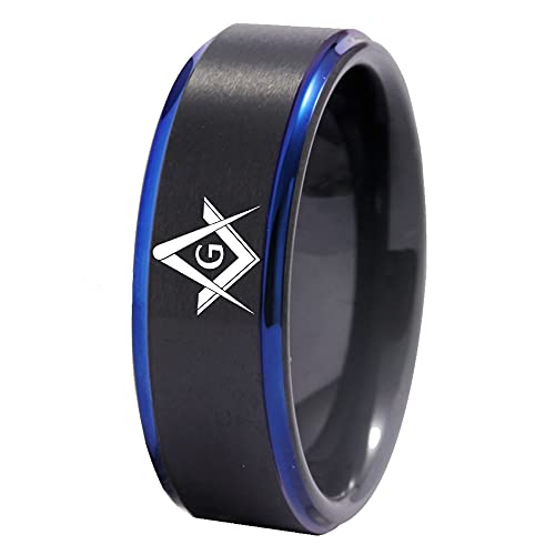 Classic Black with Blue Step Men's Tungsten Carbide Ring Brushed Masonic Compass Square Free Mason-Free Customize Engraving
