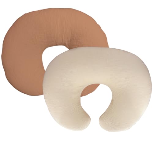 Image of Nursing Pillow Cover,Muslin Cotton,Removable Cover for Breastfeeding Pillows, 2-Pack Pillow Covers,Ultra-Soft Baby Nursing Pillow, Fits Newborn Feeding Pillow 22.5IN*18IN (Rust & Cream-Coloured)
