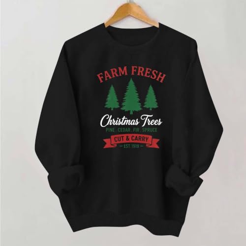 Aymnlox Christmas Tops for Women Farm Fresh Xmas Tree Graphic Crewneck Sweatshirt Long Sleeve Casual Holiday Festive Pullover vintage christmas sweatshirt for women Black M - image 4