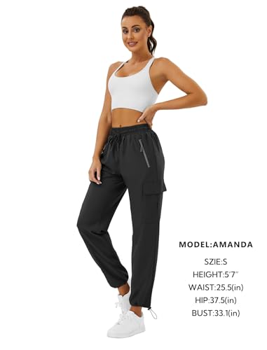 Friptspyg Outdoor Hosen Cargohose Damen Leichter Trekkinghose Wanderhose Schnelltrocken Wasserdicht Einstellgurt Sportlich Jogginghose mit Taschen,Schwarz S