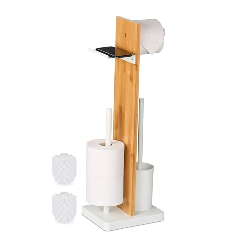 Relaxdays Escobillero y Portarrollos Baño, Bambú, 68x27x18 cm, Balda, Vertical, Escobilla con Soporte, Blanco/Natural, Hierro, Plástico