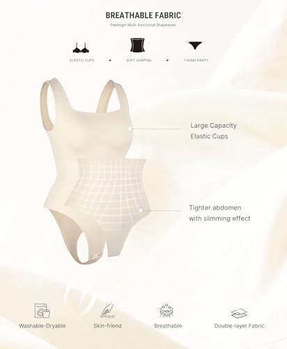 Image of FeelinGirl Bodysuits for Women Seamless Square Neck Tummy Control Compression Thong Shapewear Bodysuit Tank Tops Bodysuit