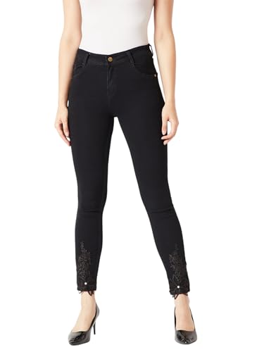 Image of Miss Chase Women's Skinny High Rise Cropped Length Fringe Detailing Stretchable Denim Jeans