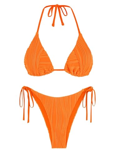 ZAFUL Bikini Sets for Women Ribbed Two Piece Bathing Suit Halter Neck Swimsuit High Cut Triangle Thong Bikini Bright Orange S
