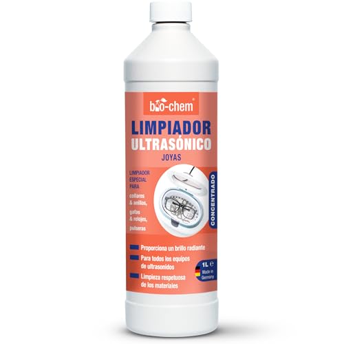 Bio-Chem - Limpiador ultrasónico para joyas 1L + vaso medidor - Solución concentrada para la limpieza profesional de relojes, gafas, plata y oro - Producto compatible con alta presión