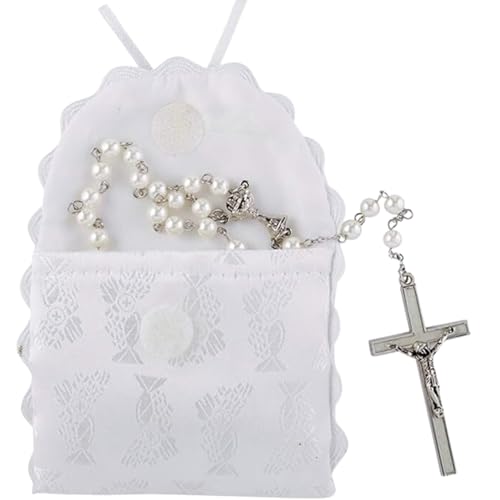 First Communion Gift Set For Girls, White Rosary, Medal, Bracelet, Pouch, and Prayer Card Included, 5 Piece Set2