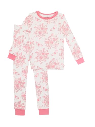 RuffleButts SoftSnooze Viscose from Bamboo Girls Ruffle Long Sleeve Pajama Set - Pink Butterfly Garden Toile Kids, 5/6