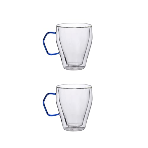 Image of Nestasia Double Wall Borosilicate Glass Mugs Set of 2 (250ml Each) - Microwave & Dishwasher Safe Transparent Glass Tea Cups with Blue Handles | Food Safe & Durable Coffee Mugs - Ideal for Gifting