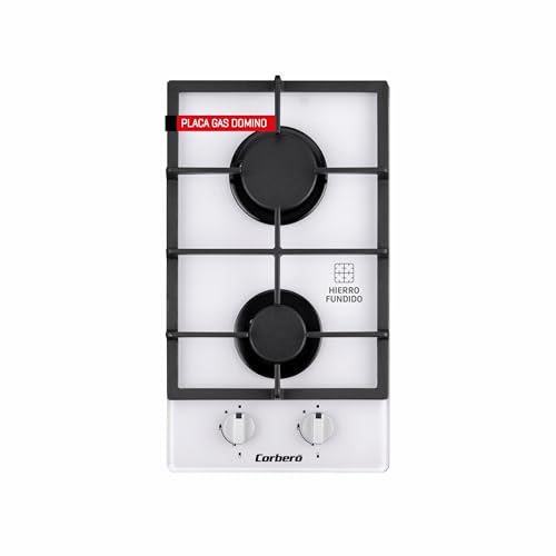Corberó   Encimera de Gas Butano | CPCGY222DWCI2 | 4,75 Kw | 2 Fuegos | Autoencendido Mandos | Válvula Seguridad | Parrilla Hierro Fundido | Kit de conversión a gas natural | Blanco