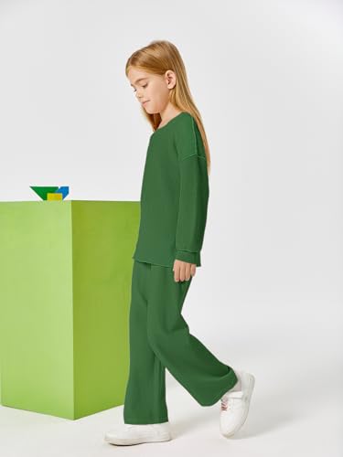Image of Haloumoning Girls 2 Piece Outfits Kids Long Sleeve Crewneck Sweater Drawstring Wide Leg Long Pants Sweatsuits Sets 5-14T