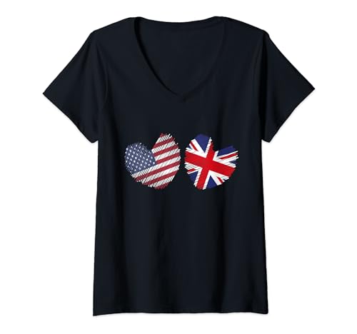 Mujer Estados Unidos, Reino Unido, corazón, bandera americana, bandera del Reino Unido, corazón grunge Camiseta Cuello V