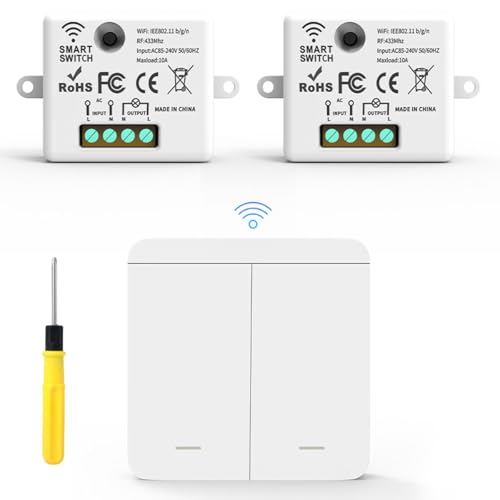 Acmerota Wireless Light Switch Kit 58-240V 10A Remote Control Light Switch for Lamp 2-Channel RF ON/Off Wall Switches No Wiring Required1 Portable Switches & 2 Receiver